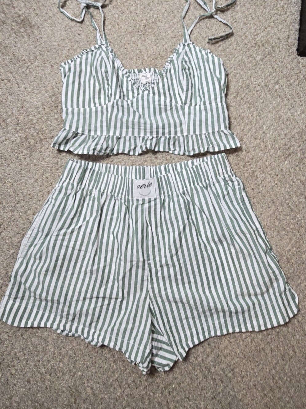 aerie 100% Cotton Green and White Striped Crop Top Boxer Set Size Small & Medium